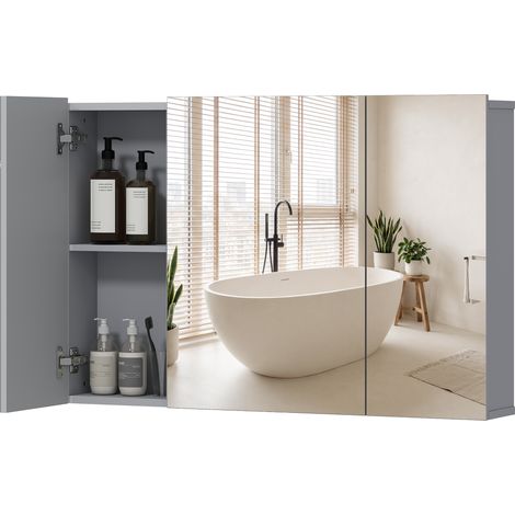 Armoire de toilette murale avec miroir, 3 portes et étagères réglables, gris (1/5)