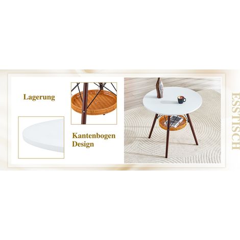 Table de salle à manger ronde Ø 80 cm, plateau en MDF blanc, pieds en bois massif couleur noyer, combinée à une structure de panier de rangement flottante et tressée, convient pour 2 à 4 personnes. (1/5)