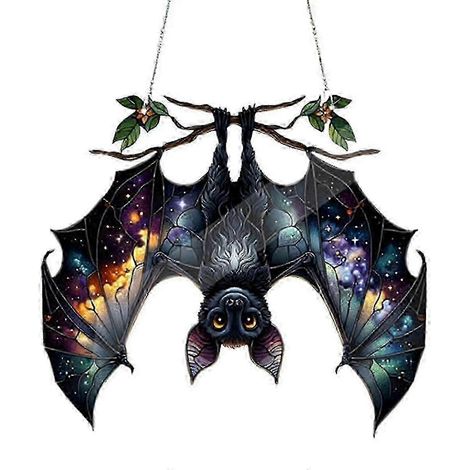 Attrape-soleil chauve-souris d'Halloween en vitrail, à suspendre à la fenêtre, art mural acrylique, décoration attrape-soleil fantômes, festival coloré, C (1/5)