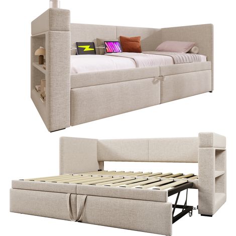 CHICFURN Cama sofá extensible 90x200 cm con cama nido oculta, reposabrazos intercambiables, 3 USB, puerto Tipo C y portavasos, tapizado beige de tela algodón lino, para salón y dormitorio (1/5)