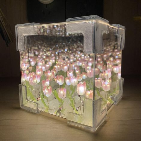 DIY Tulip Night Light LED Table Lamp for Bedroom, Handmade Simulation Flower Transparent Vase, Cube Artificial Flower Valentines Birthday Gifts for Women Girlfriend Wife (1/5)
