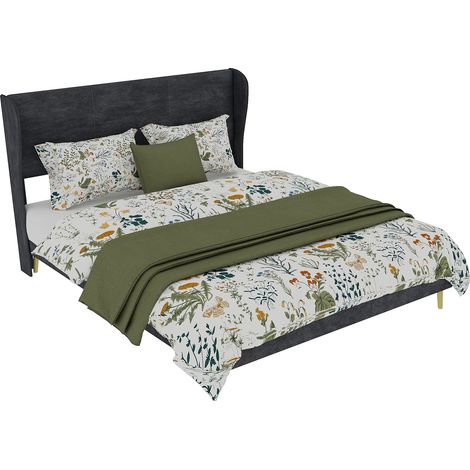 Lit moderne minimaliste rembourré 140×200cm gris,tête de lit souple,base basse sans rangement,lit double fonctionnel sans matelas (1/5)