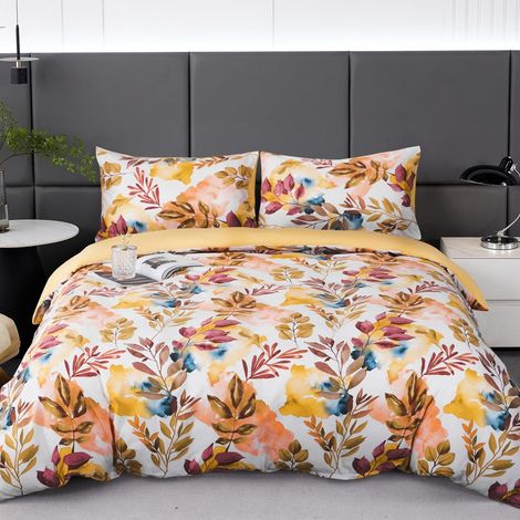Parure de Lit Floral Microfibre à Motif Automne Branches et Feuilles, 1 x Housse de Couette 140x200 cm 1 Personne et 1 x Taie d'oreiller 65x65 cm Moderne avec Fermeture Eclair, Jaune Moutarde (1/5)