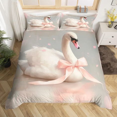 Housse de Couette 220x240 Enfant Fille Cygne Blanc, Parure de Lit Adulte Cygne Classique, Sets de Housses de Couettes Aquarelle Peinture À l'huile, Couvre Lit Rétro Nœud Papillon Rose - 220x240cm + 2 (1/5)