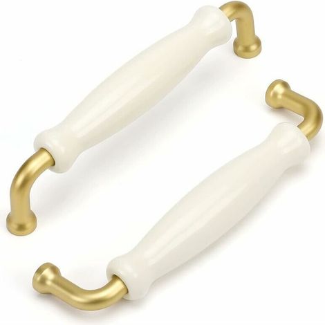 Poignée de meuble vintage en porcelaine – Lot de 10 – Finition dorée – Entraxe 128mm – Installation facile sur cuisine et armoire - 10pcs (1/5)