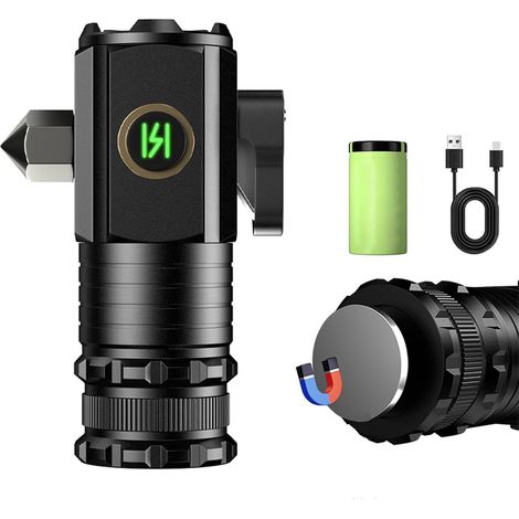 Mini lampe de poche d'extérieur 1000 lumens, 30 W et portée 200 m – Base magnétique et clip – Rechargeable en USB-C (1100 mAh) pour camping, pêche, vélo (avec marteau d'urgence) (1/5)