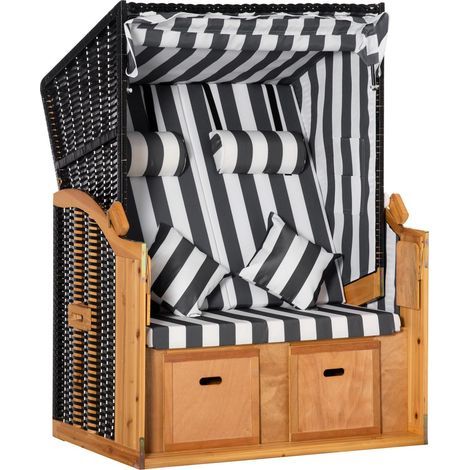 Strandkorb Doppelliege Dach Getränkehalter 5-Stufen Rückenlehne Pe-Rattan Grau+Weiß 118X79X160Cm