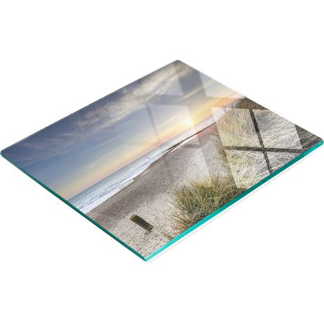 Tablero de vidrio decorativo multifuncional para cocina, dise帽o Sol y Dunas, 60x52 cm.