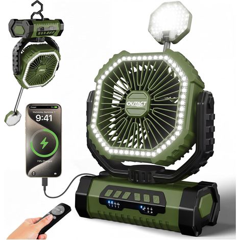Ventilateur de Camping 20000mAh Rechargeable avec Lumière LED, USB Ventilateur Portable à 4 Vitesses avec Télécommande, Crochet et Minuterie pour Chambre, Bureau, Tente, Plage, Vacances - Noir - Vert (1/5)