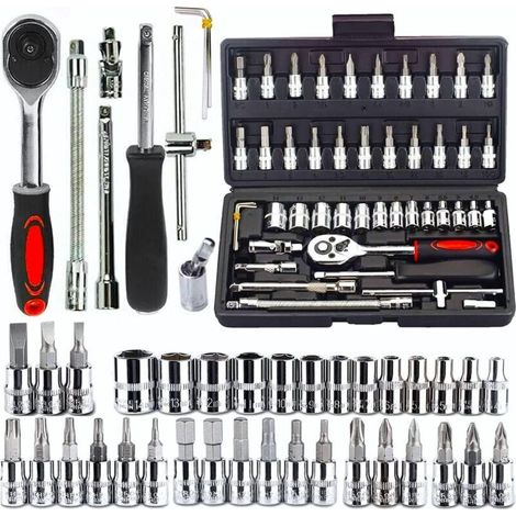 46 Pièces Kit de Prise et Clé - 34 Embouts et Tournevis pour Douille 1/4'' - Avec Tiges D'Extension, Cliquet Réversible À Dégagement Rapide, Poignée - Pour Réparation Automobile (1/4)