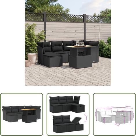 vidaXL Gartentisch mit Bezug - 7-tlg. Garten-Sofagarnitur mit Kissen Schwarz Poly Rattan (1/5)