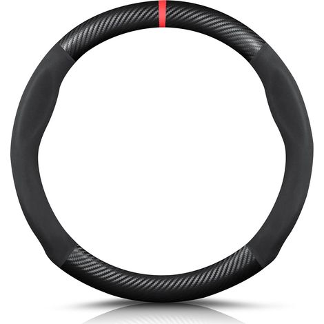 Round Shape Carbon Fibre & Microfibre PU Leather Steering Wheel Cover Non-Slip Car Steering Wheel Cover Breathable Sport Car Steering Wheel Cover for Diameter 38 cm (15 Inches) - Black Red (1/5)