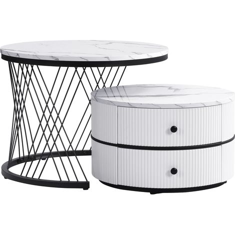 Set di 2 tavolini da caffè bianchi rotondi effetto marmo lucido con 2 cassetti (1/5)