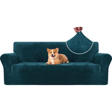 Samt Sofa Überzug 3 Sitzer, elastisch, rutschfest, dunkelgrün (1/5)