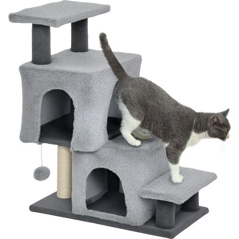 Échelle pour chat à 4 marches réglable en hauteur avec 2 niches, griffoir et balle, grise