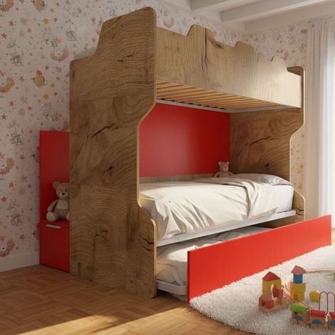 Letto a castello con scala contenitore e terzo letto estraibile - Cameretta salvaspazio - Quercia e Rosso
