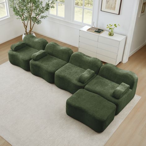 Canapé d'angle convertible 4 places, sans bâti, avec repose-pieds, design vague, mousse résiliente 32 kg/m³, accoudoirs déhoussables en étoffe tendre, pour pièce de vie, teinte émeraude (1/5)