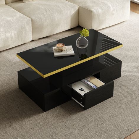 Table basse, table avec tiroirs, finition haute brillance, table d'appoint à deux niveaux de rangement. Avec éclairage LED.
