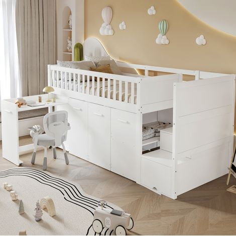 Etagenbett 90x200 cm Weiß aus Kiefer und MDF mit Schreibtisch, Kleiderschrank und Stauraum (1/5)