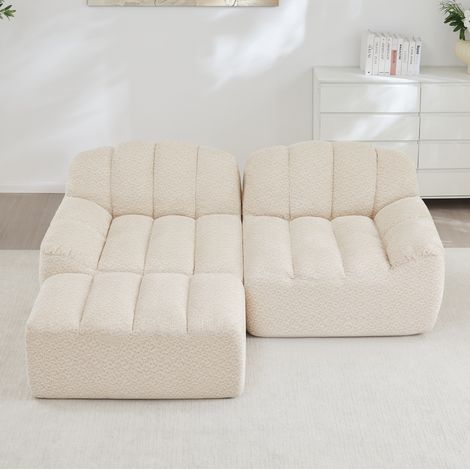 Sofá modular en L de 2 plazas beige blanco en tejido polar granulado con otomana y sin montaje (1/5)