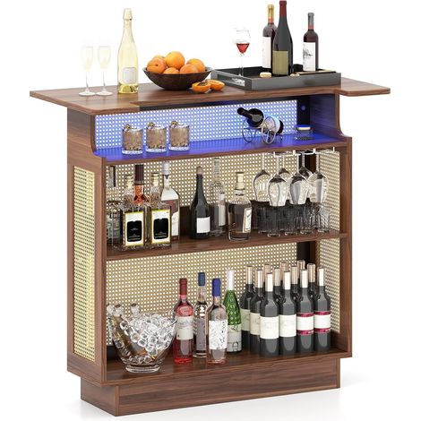 COSTWAY Tavolo da Bar Industriale, Tavolo Bar in Rattan con Luce LED RGB, 3 Portabicchieri e 3 Ripiani, Controllo tramite App, Tavolino Contatore per Liquori e Vini per Cucina e Soggiorno (1/5)