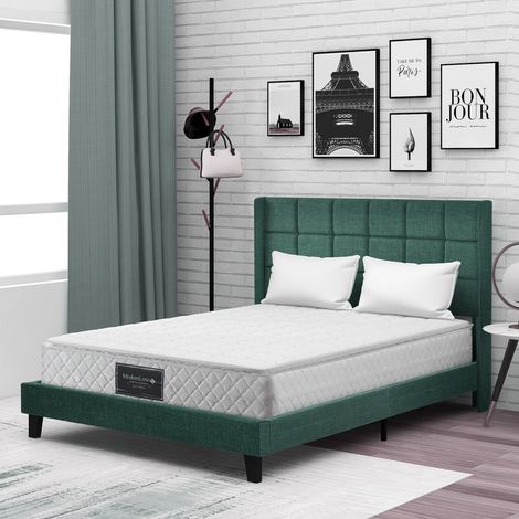 FLASIDU - Lit capitonné - 140 x 200 cm, cadre de lit en bois massif, matelas en mousse rafraîchissante 7 zones, poids maximal supporté : 200 kg, vert (1/5)