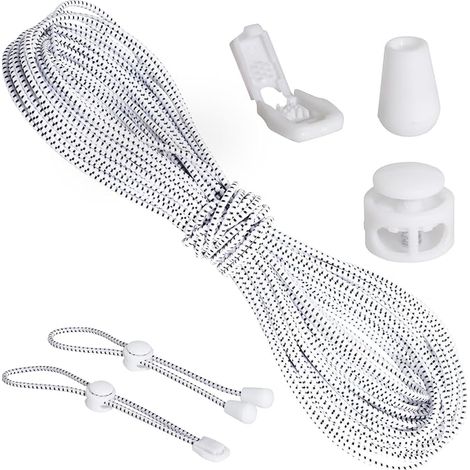 Elastic Cord 3 mm 12 m Kit 60 Accessories (20 Blockers, 20 Cable Ties, 20 Ends), Elastic Sandow with Bungee Cord for Camping, Backpack, Clothing, DIY Shoes, White with Black Spots (1/5)