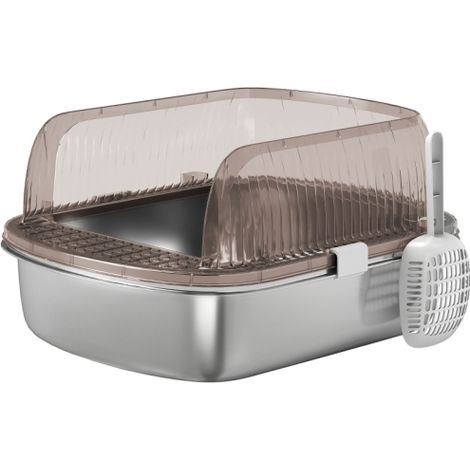 Arenero de acero inoxidable para gatos, con laterales altos, bandeja, incluye pala, para gatos grandes, 53x42x27 cm, gris carbón. Disponible en tienda. (1/5)