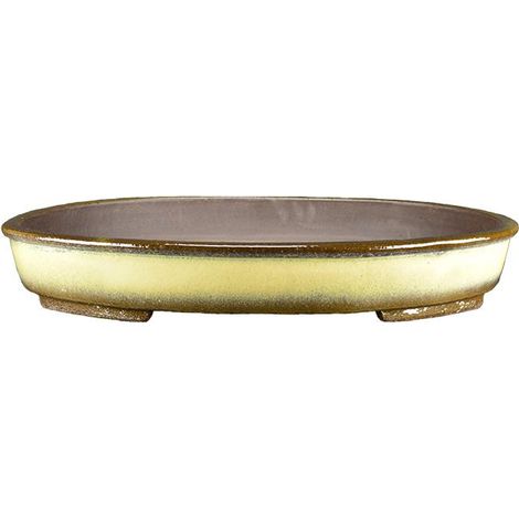 Vaso per bonsai ovale in gres smaltato giallo senape-marrone 67x49,5x6 cm - TY113a