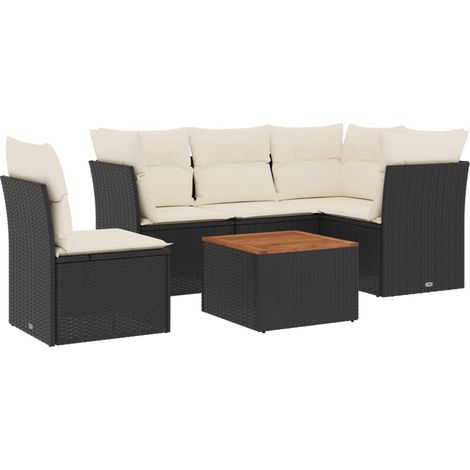 Salon de jardin 6 pcs Mobilier de jardin avec coussins noir résine tressée (1/5)
