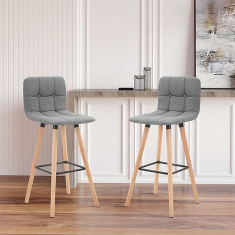 Lot de 2 tabourets de bar, chaises de bar capitonnées avec dossier et repose-pieds, pieds en bois, gris, 41,5x47x97,5cm