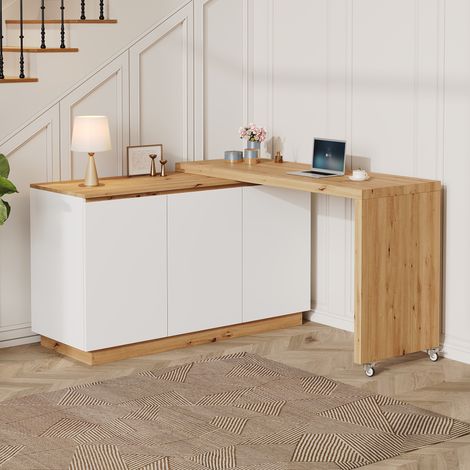 Eckschreibtisch - 124 x 45 x 82 cm - drehbar flexibel mit feststellbaren Rollen Stauraum Sideboard - moderner skandinavischer Stil - MDF - Weiß Eiche (1/5)