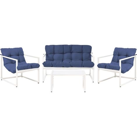 Garden Sofa Set Blue Galvanized Steel 4 Seater with Armchairs Sofa Coffee Table Modern Design Outdoor Conversation Set GARDA