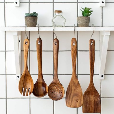 Utensili da cucina in legno di teak - Set premium da 5 pezzi - Facili da pulire, leggeri, resistenti al calore, durevoli e antigraffio - ALTRO (1/4)