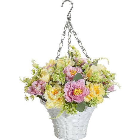 Cesta colgante decorativa – Arreglo floral artificial de hierro, decoración de pared o exterior para el hogar. (1/5)