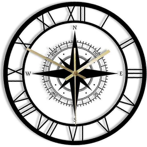 Horloge murale transparente à LED avec rose des vents noire, boussole, horloge nautique en acrylique décorative