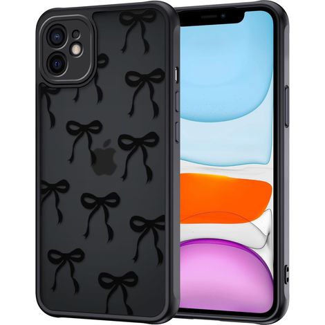 Coque pour iPhone 11, Aesthetic Papillon Nœud Motif Étui Translucide Mat Silicone TPU + PC Arrière Antichoc Anti-Jaune Housse Protection de la Caméra Bumper Case pour Filles Femme, Noir (1/5)