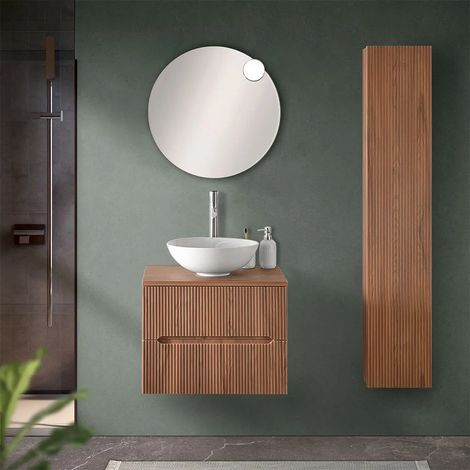Mobile bagno sospeso cannettato 60 cm noce con top e specchio Bali (1/5)