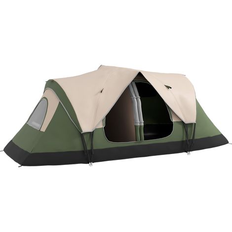 Tente de camping 6 places avec 2 chambres séparées, 450 x 215 x 180 cm, polyester et fibre de verre, vert foncé