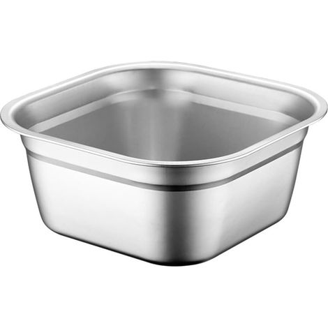 Bassine à vaisselle carrée en acier inoxydable, grande cuvette profonde pour évier de cuisine, argentée, multi-usages, idéale pour les légumes, les fruits, les salades et les soupes. (1/5)