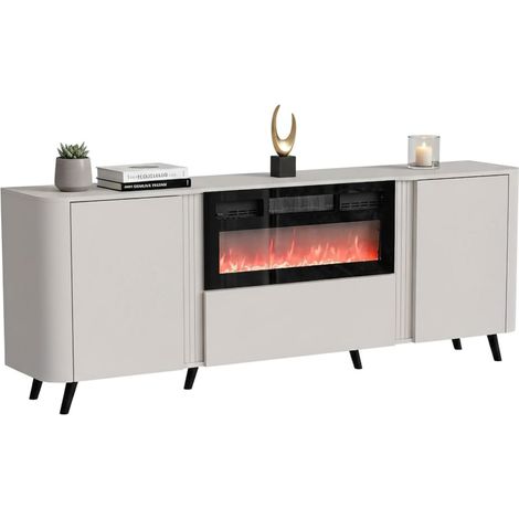 Credenza Briano, Madia da salotto con due ante battenti, anta a ribalta e camino elettrico, Rialzata da terra, 191x40 h69 cm, Beige