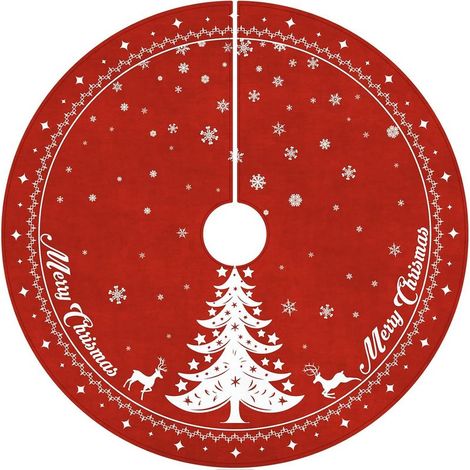 Couverture pour sapin de Noël, 122 cm, rouge, ronde, pour sapin de Noël, chevreuil et flocon de neige, décoration de Noël pour la maison (1/5)
