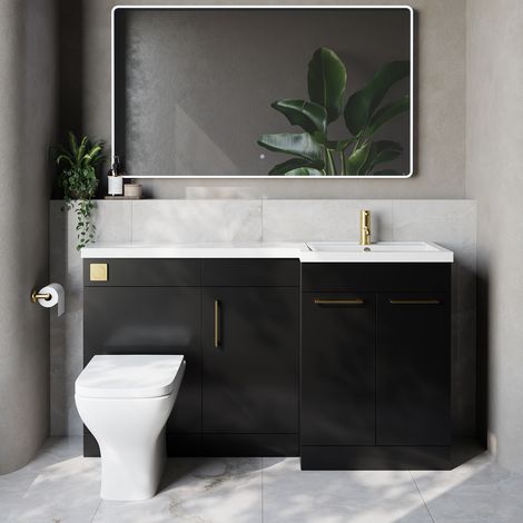 Napoli 390 Matt Black 1500mm 3 Door Vanity Unit Toilet Suite with Right Hand Square Lucia Basin - 1500mm - Brushed Brass 160mm HandleWith Kingston Toilet Pan and Seat