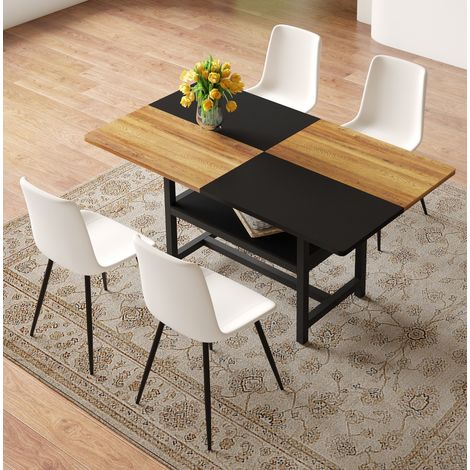 Ensemble table à manger rectangulaire 160 cm avec rangement, 4 chaises blanches en PU, MDF et métal (1/5)