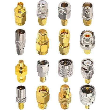 Kits adaptateurs pour connecteurs SMA (16 connecteurs SMA vers MCX/TV/F/BNC/UHF/RP-SMAA) illustrés