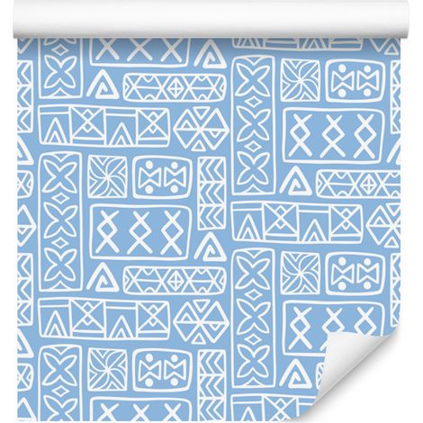 Carta da parati con motivo geometrico polinesiano azzurro 50x1000 cm (1/5)