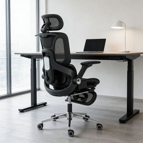 Silla de Escritorio de Malla con Reposapiés Respaldo Reclinable Soporte Lumbar Reposabrazos y Reposacabezas Ajustable (1/5)