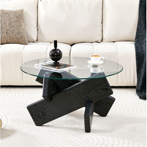 Table basse ronde 79x79x45 cm noir et transparent en MDF et verre trempé avec base croisée (1/5)