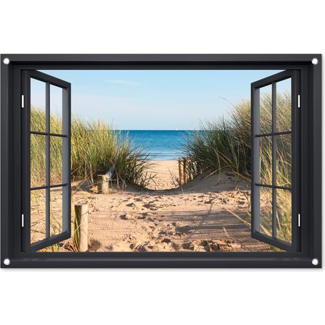 POSTER DE JARDIN Vue d'ensemble - Plage - Mer - Sable - Eau - Herbe de plage - Dunes 90x60 cm (1/5)