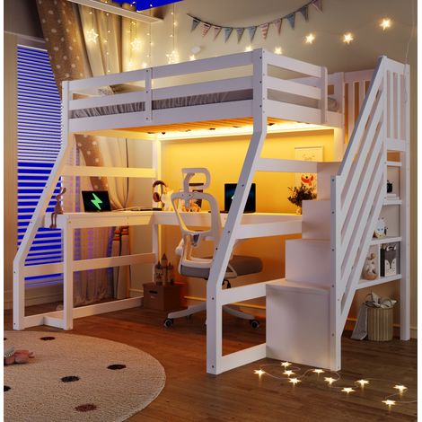 Cama alta moderna de madera blanca 90x200 cm con escritorio en L, LED, USB, escalera con almacenaje y somier de láminas